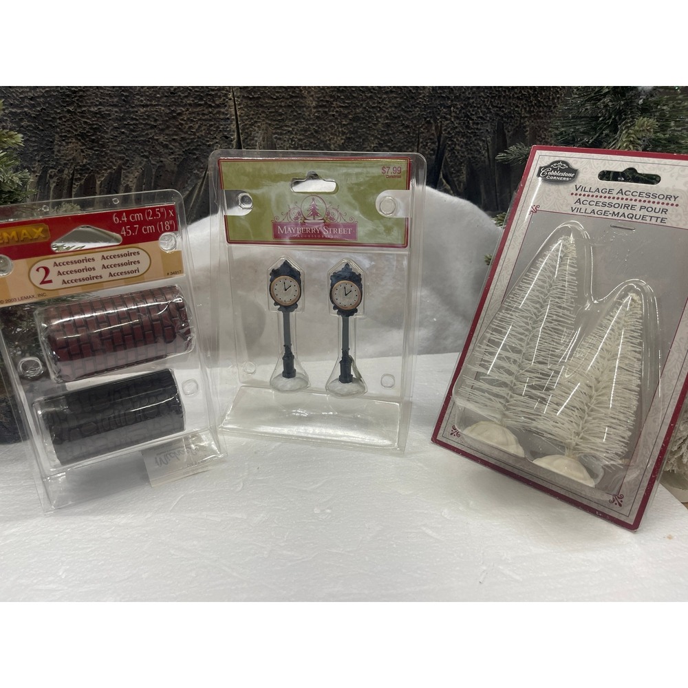 Christmas Village Accessory 3pcs Lemax Road Mayberry Street Clock White Trees